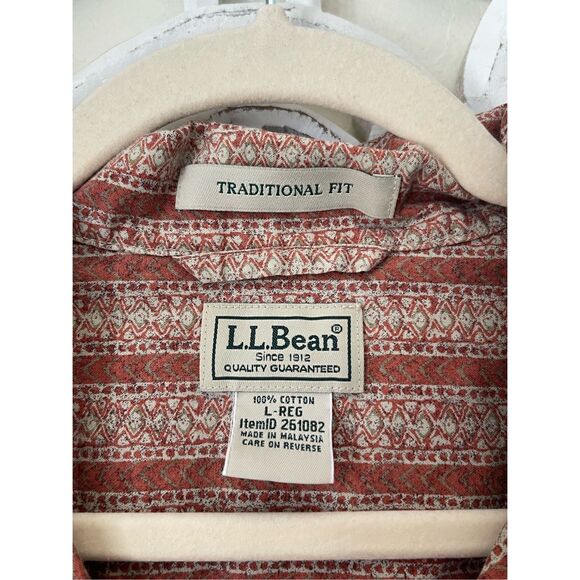 L.L. Bean Printed Red White Tan Short Sleeve Button Up Shirt Size Large 100% Cot - Picture 4 of 6